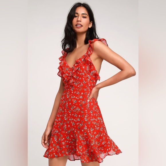 Lulus Spring Dream Red Floral Print Ruffled Skater Dress NWT Sz. Medium - Picture 4 of 14